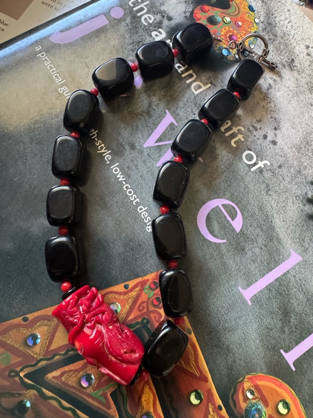 Black glass or better Bead Necklace with Red Carved coral Bead preowned necklace